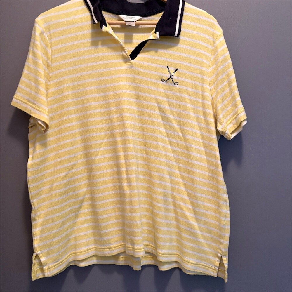 CJ Banks Polo Shirt Womens 1X Yellow White Striped Golf Logo Short Sleeve
